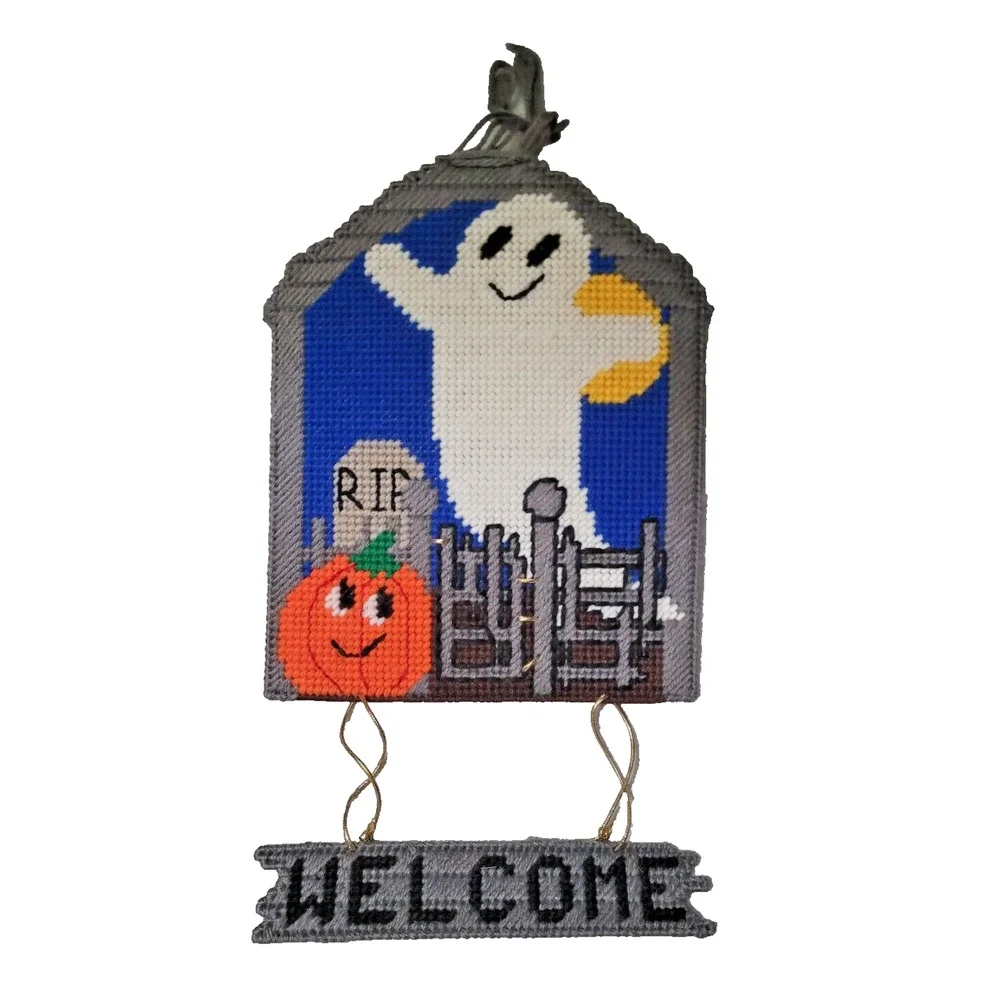 Set 2 Vintage Halloween Needlepoint on Plastic Decoration Pumpkin Ghost Graveyar